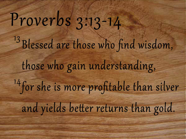 Proverbs 3: 13-14 13 Blessed are those who find wisdom, those who gain understanding, 14 for she is more profitable than silver and yields better returns than gold.